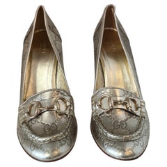 Gucci Women's Gold Leather GG Monogram Horsebit Sandals, Size 40.5