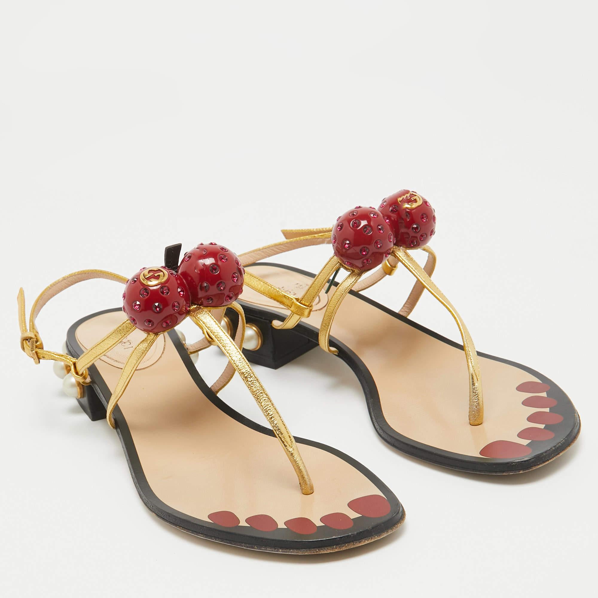 Women's Gucci Gold Leather Hatsumomo Cherry Thong Sandals Size 37.5
