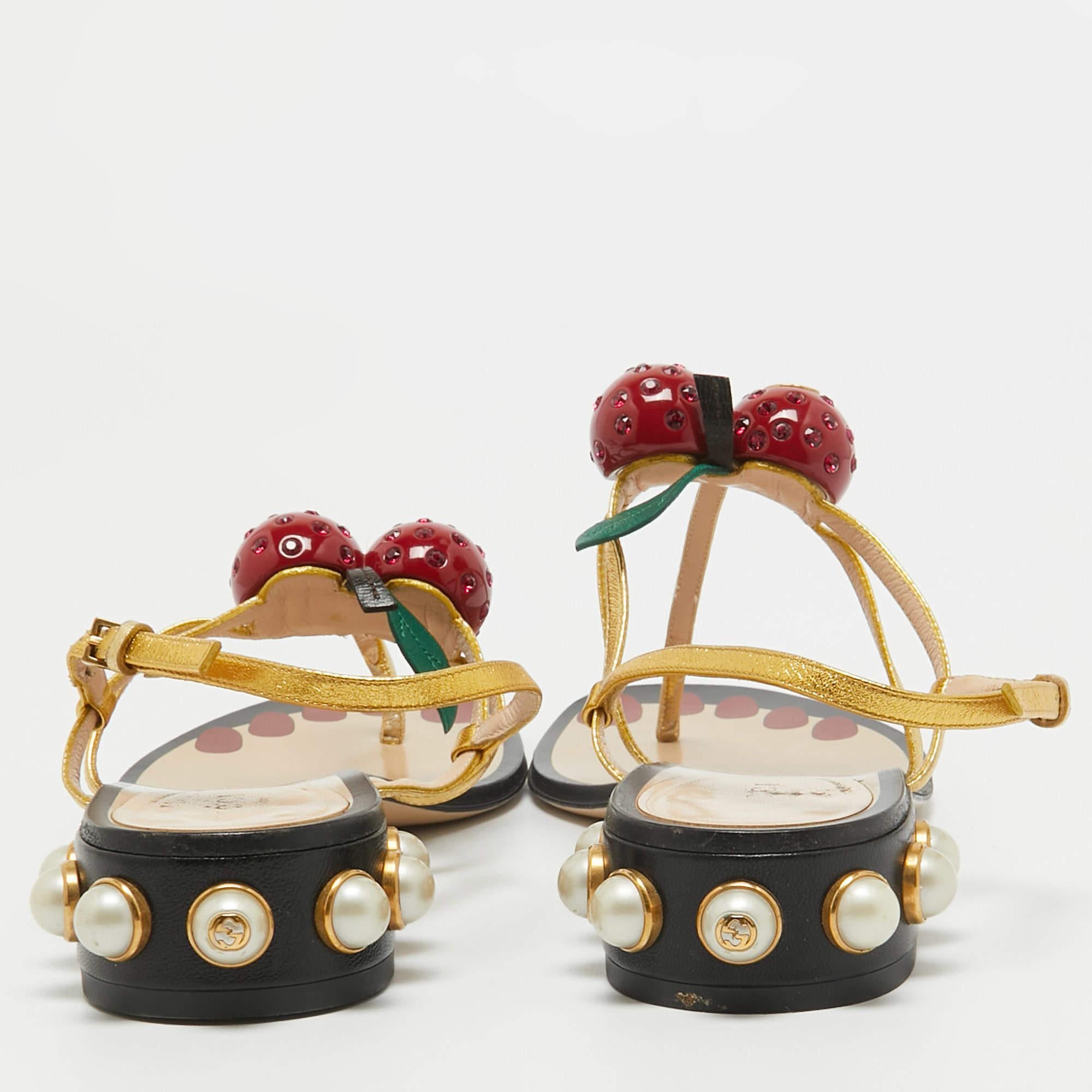 Gucci Gold Leather Hatsumomo Cherry Thong Sandals Size 37.5 1