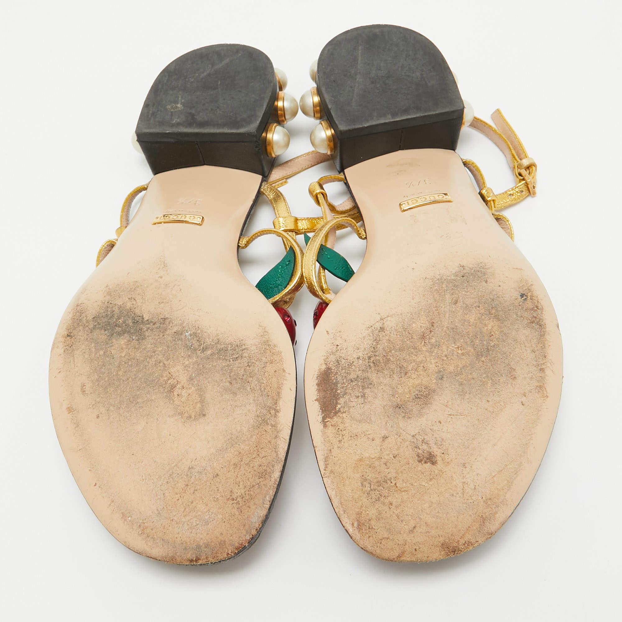 Gucci Gold Leather Hatsumomo Cherry Thong Sandals Size 37.5 2