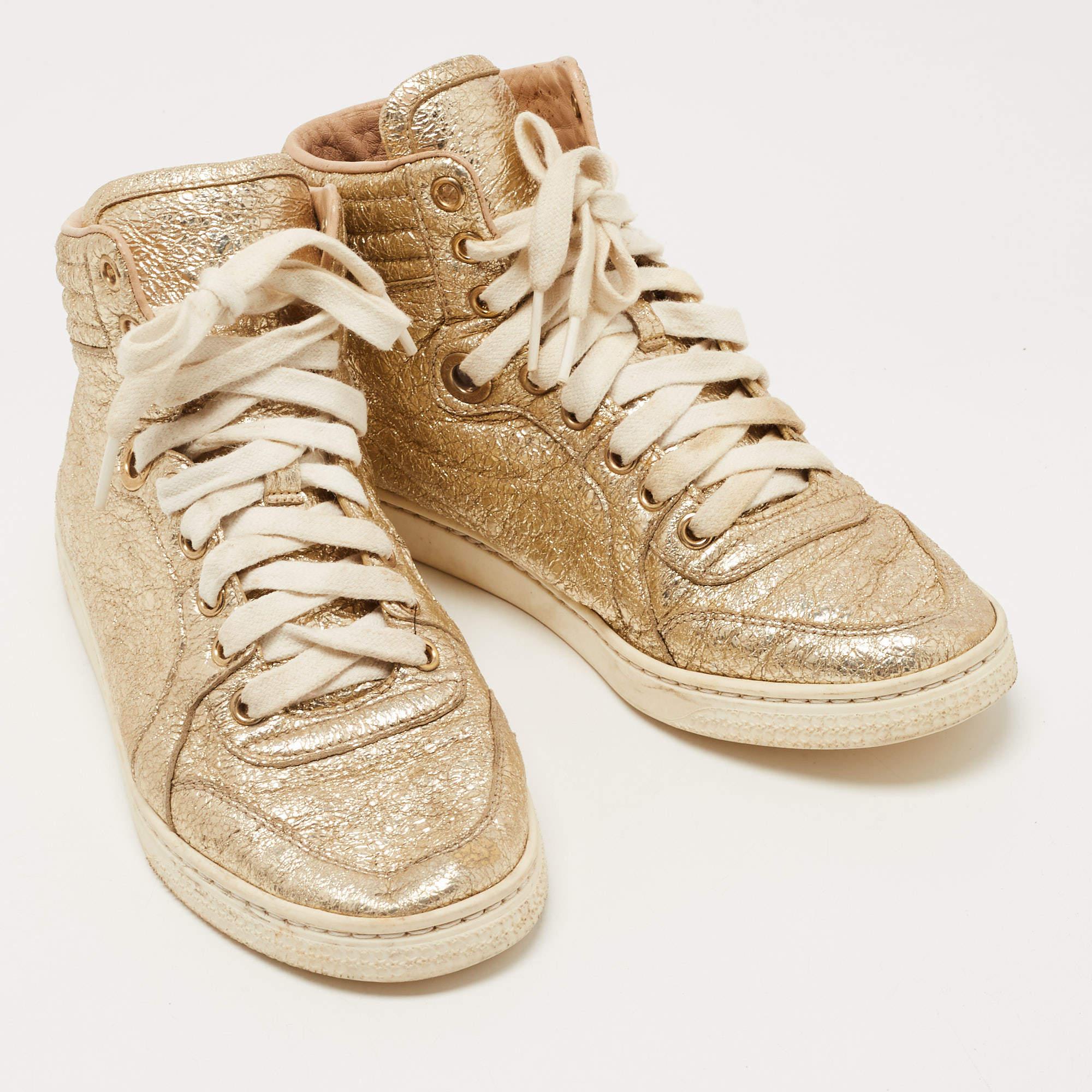 Women's Gucci Gold Leather High Top Sneakers Size 35 For Sale