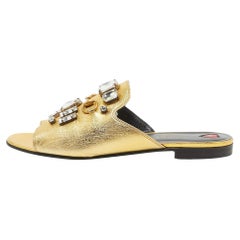 Gucci Gold Leather Horsebit Crystal Embellished Flat Slides Size 39
