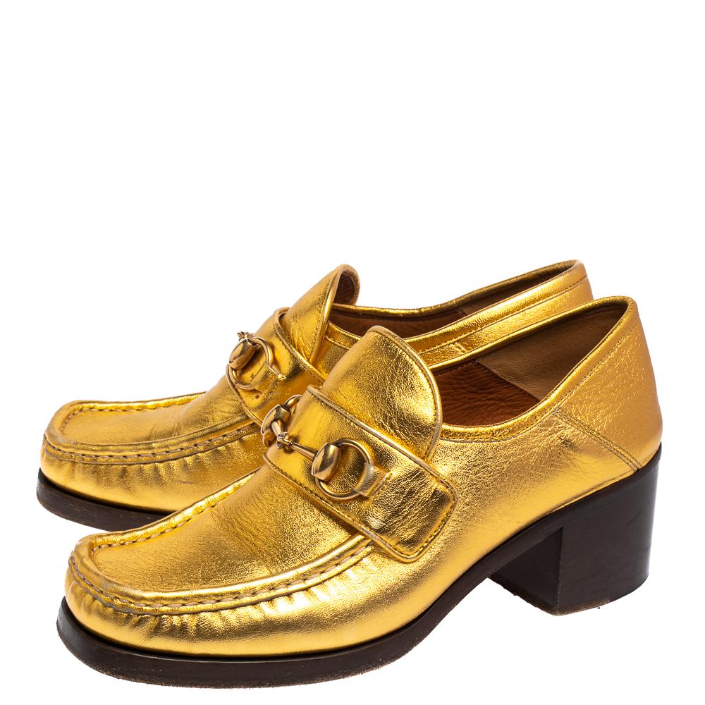 Gucci Gold Leather Horsebit Vegas Loafers Pumps Size 37 1
