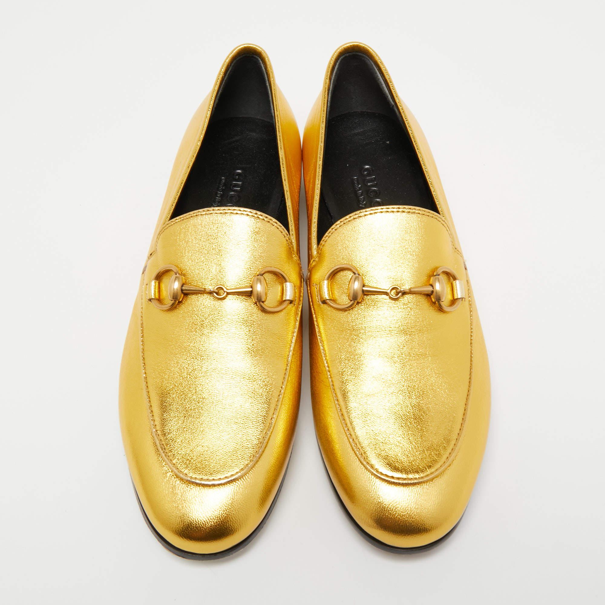 Gucci Gold Leather Hosrsebit Jordaan Loafers Size 35 2
