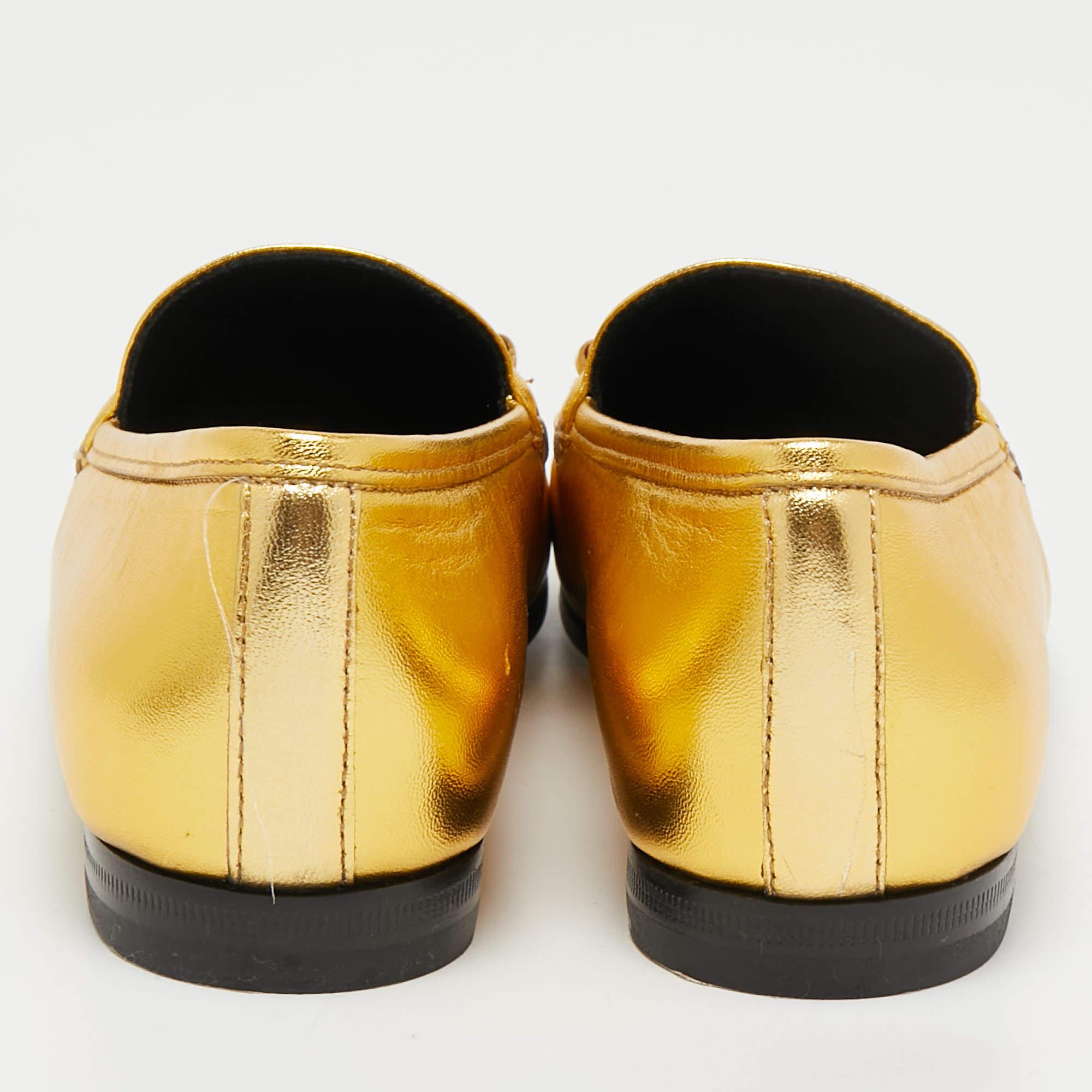 Gucci Gold Leather Hosrsebit Jordaan Loafers Size 35 3