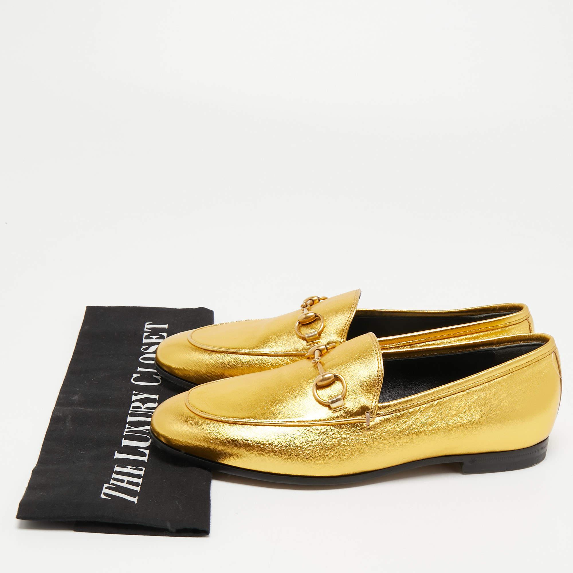 Gucci Gold Leather Hosrsebit Jordaan Loafers Size 35 4