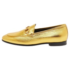 Gucci Gold Leather Hosrsebit Jordaan Loafers Size 35