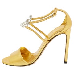 Gucci Gold Leather Interlocking G Crystal Embellished  Ankle Sandals Size 39.5