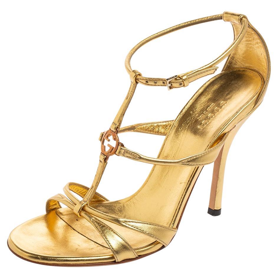 Gucci Gold Leather Interlocking G Buckle Slide Sandals Size 38 For Sale ...