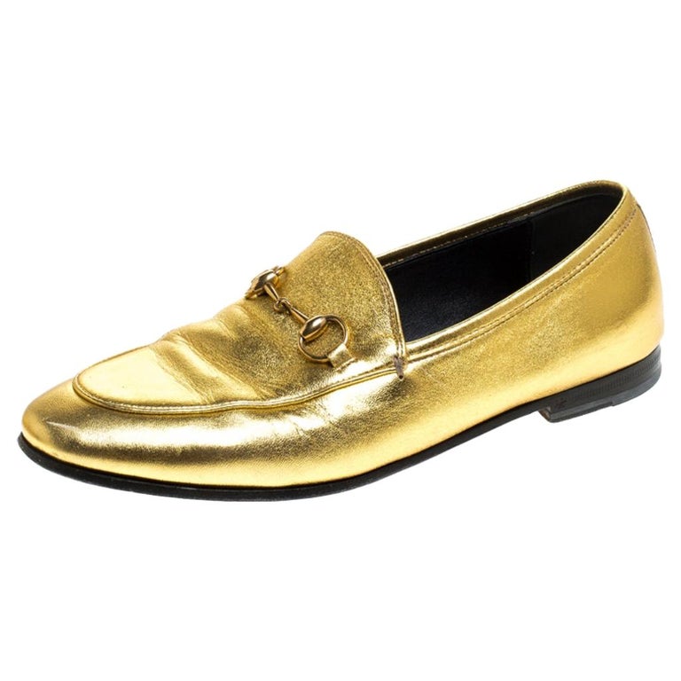 Gucci Gold Leather Jordaan Horsebit Loafers Size 37.5 For Sale at 1stDibs