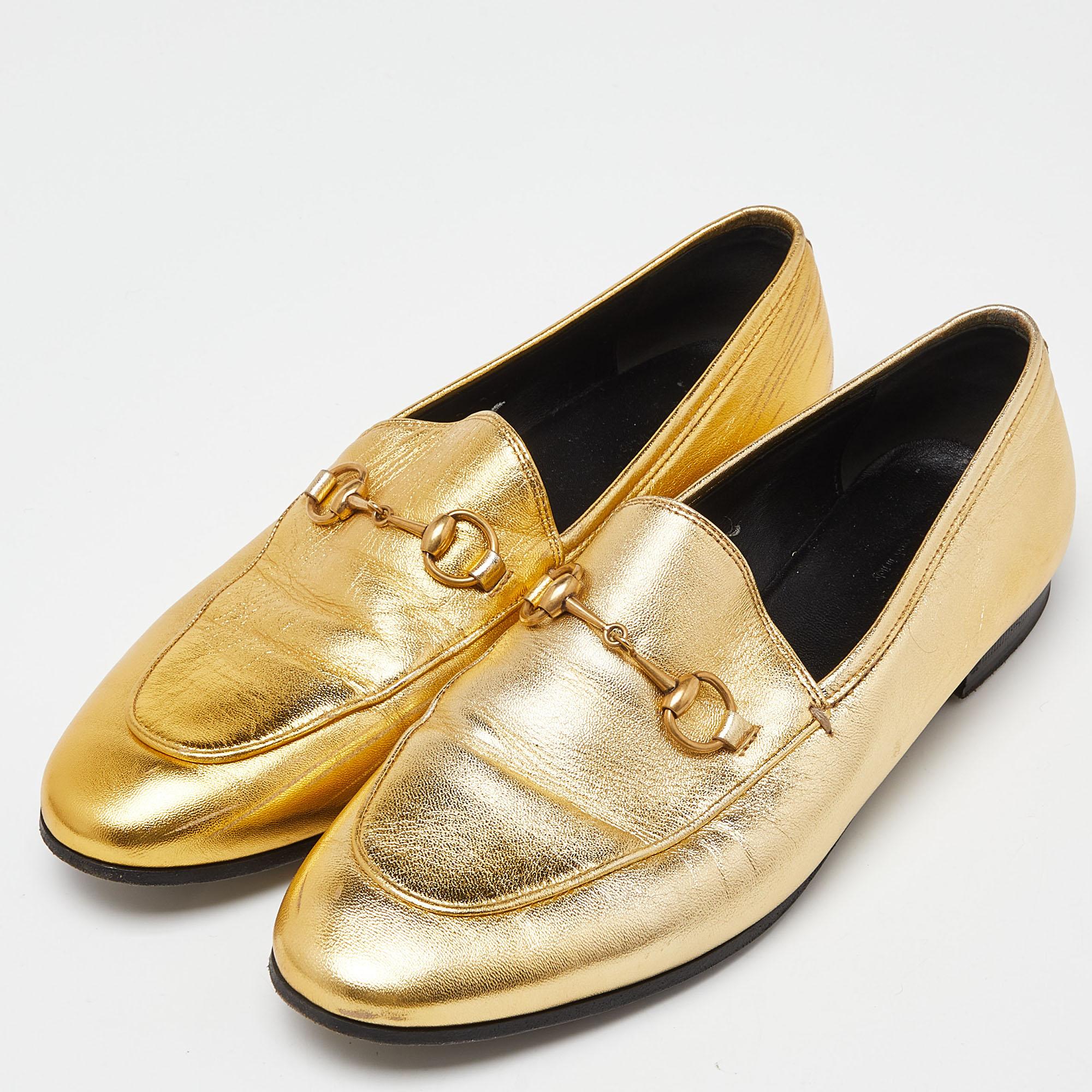 Women's Gucci Gold Leather Jordaan Loafers Size 39 For Sale