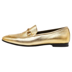 Used Gucci Gold Leather Jordaan Loafers Size 39
