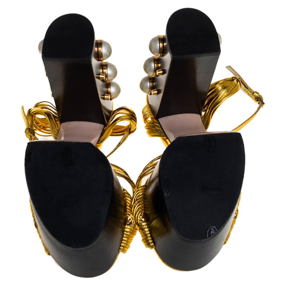 Black Gucci Gold Leather Knot Pearl Platform Sandals Size 36