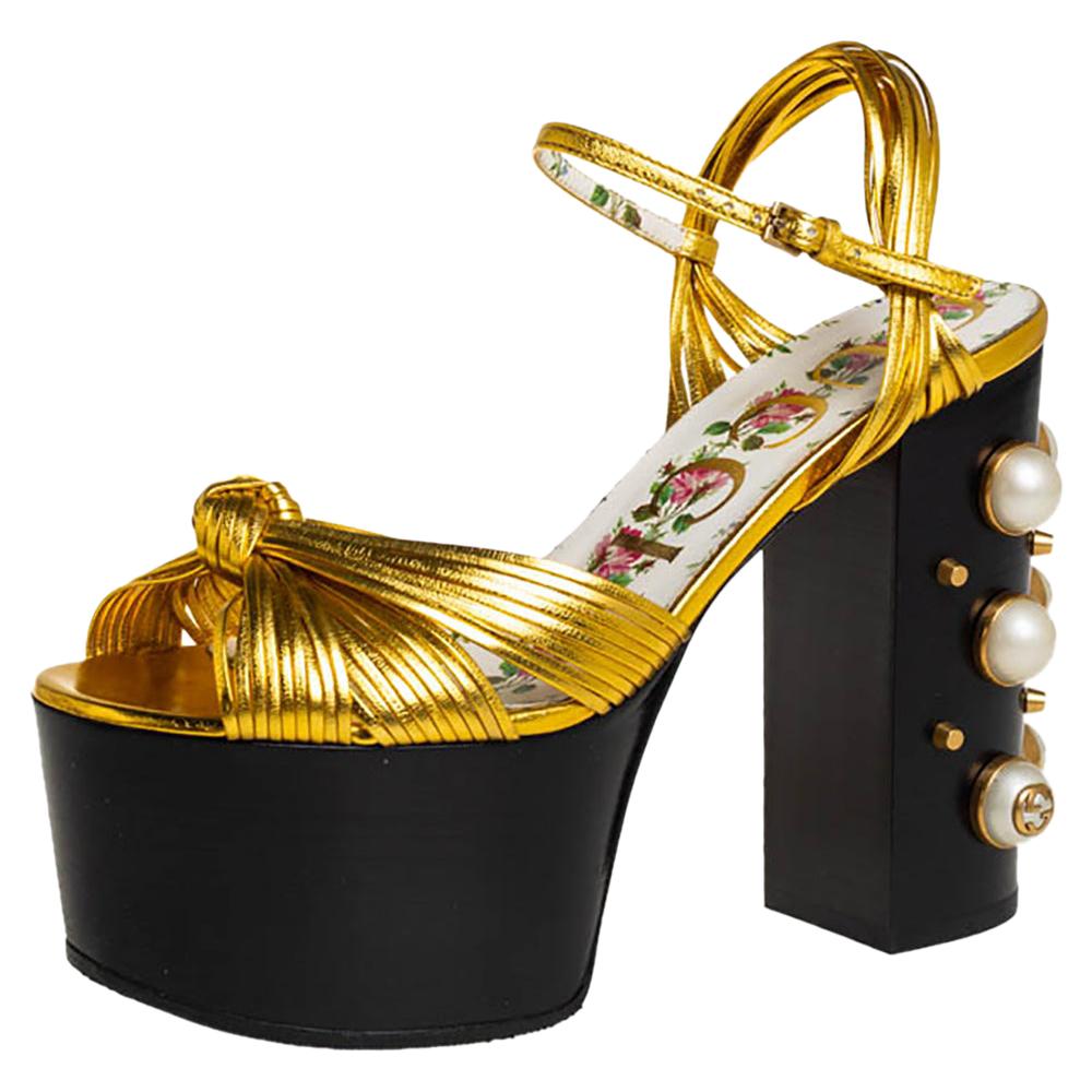 Gucci Gold Leather Knot Pearl Platform Sandals Size 36