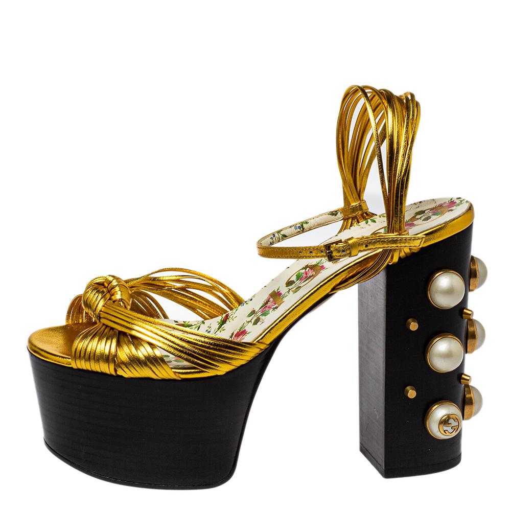 Black Gucci Gold Leather Knot Pearl Platform Sandals Size 37
