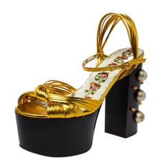 Gucci Gold Leather Knot Pearl Platform Sandals Size 37
