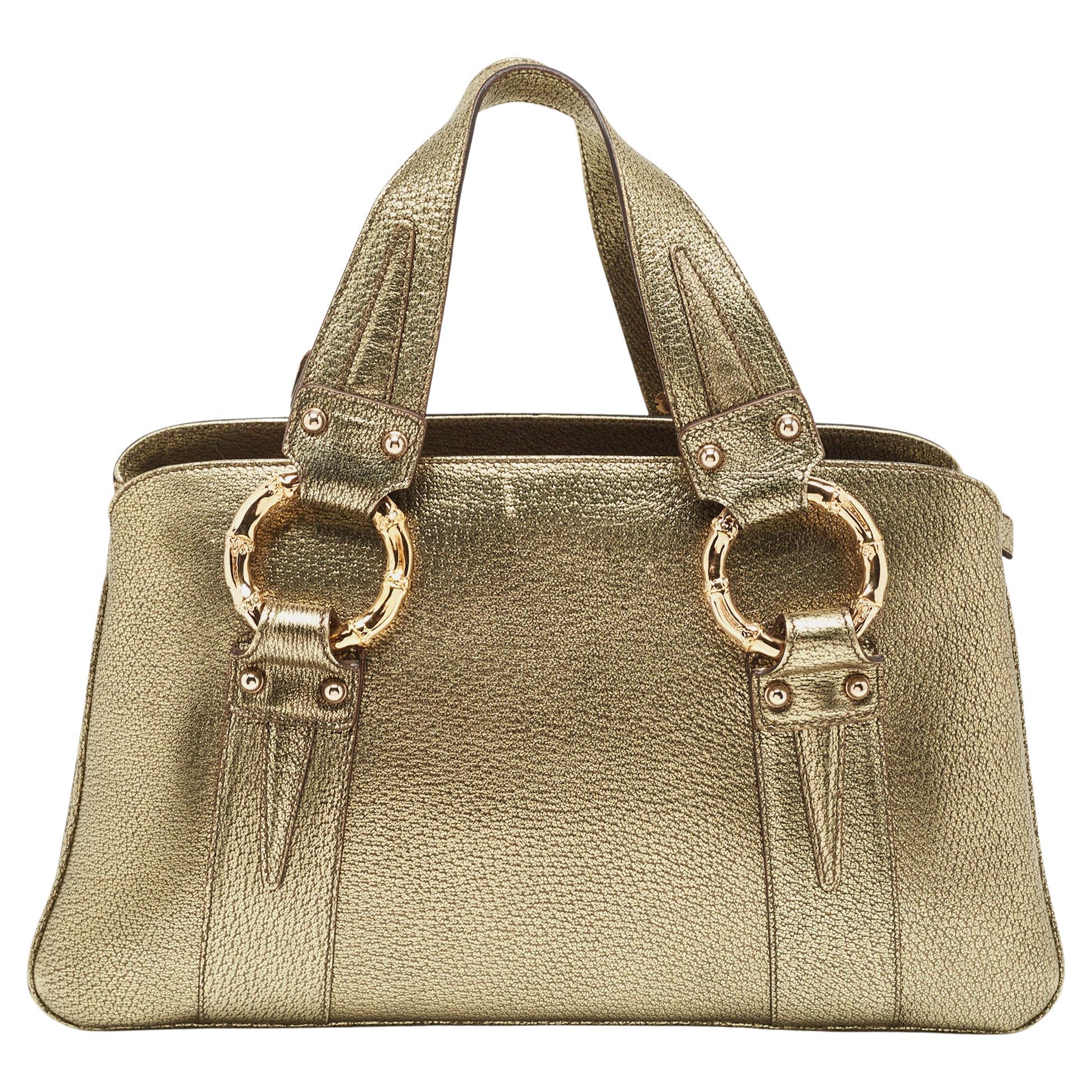 Gucci Gold Leather Metal Bamboo Ring Bag For Sale