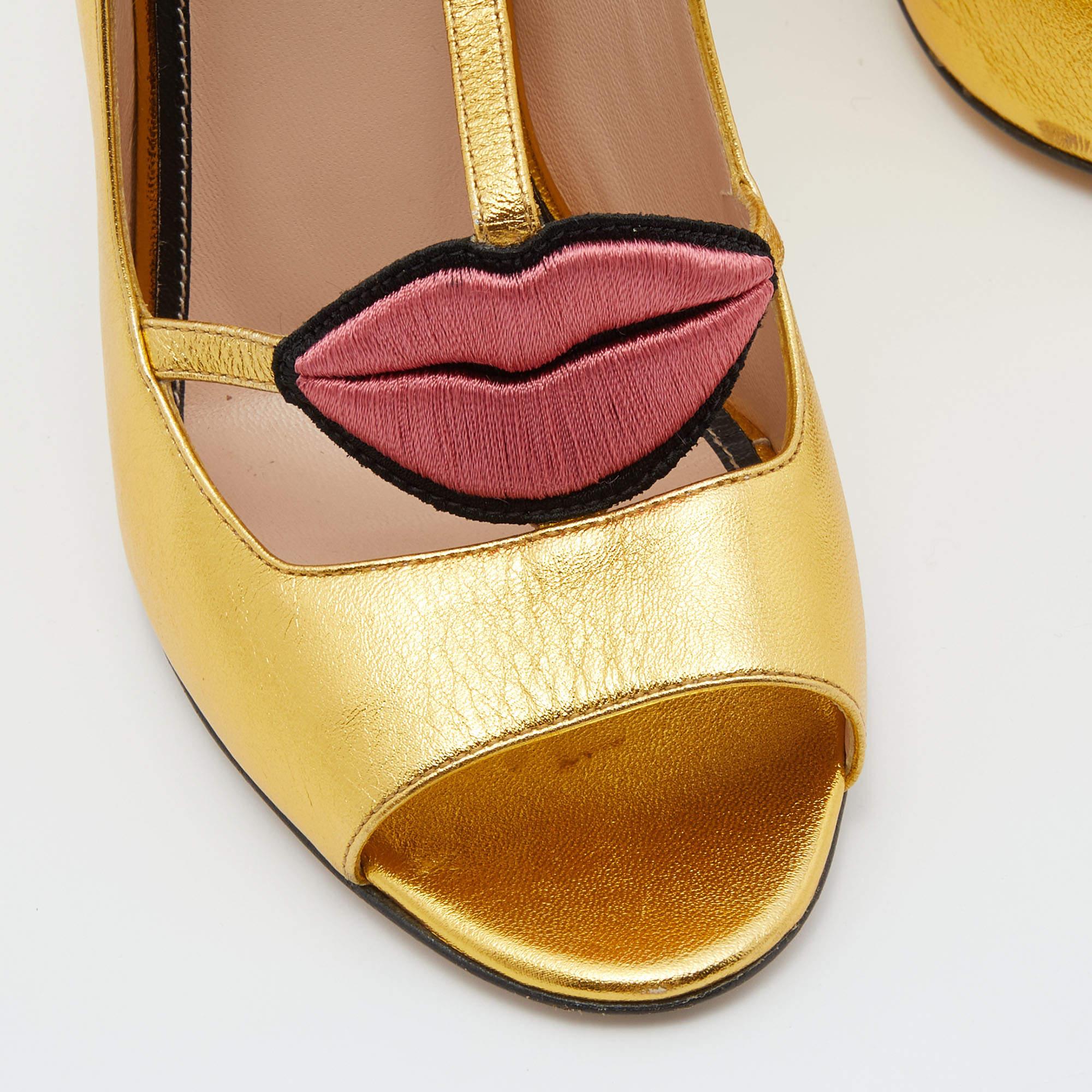 Women's Gucci Gold Leather Molina Lips T Strap Sandals Size 36