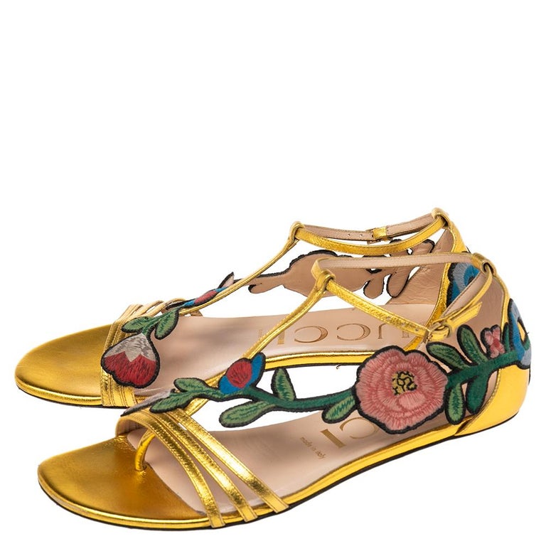 Gucci Gold Leather Ophelia Floral Embroidered Flat Sandals Size 39 at ...