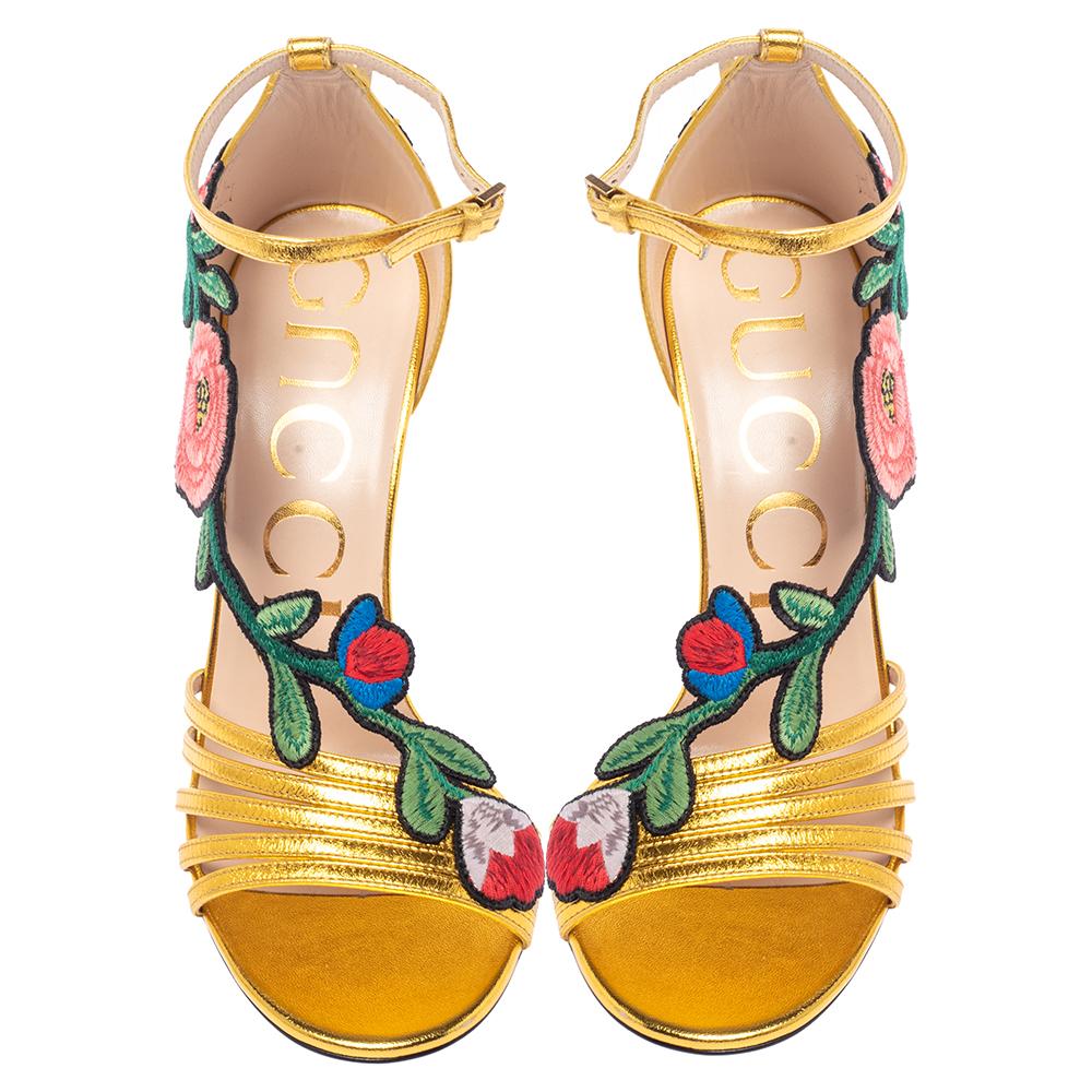 Gucci Gold Leather Ophelia Flower Embroidered Strappy Sandals Size