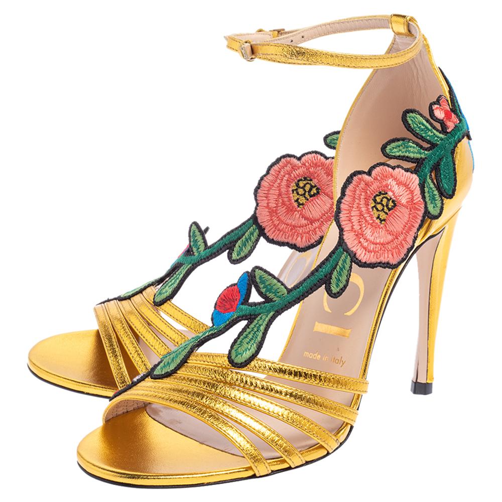 Women's Gucci Gold Leather Ophelia Flower Embroidered Strappy Sandals Size 37