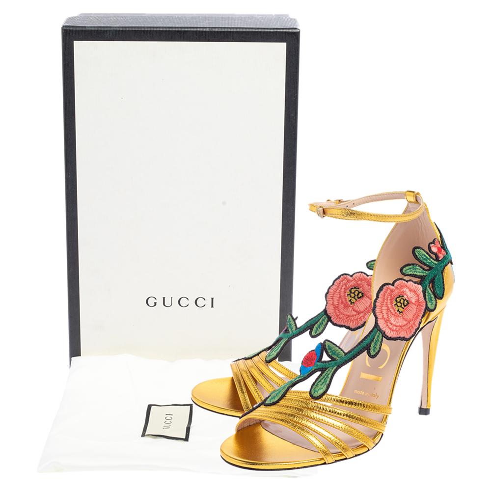 Gucci Gold Leather Ophelia Flower Embroidered Strappy Sandals Size 37 1