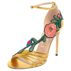 Gucci Gold Leather Ophelia Flower Embroidered Strappy Sandals Size 37