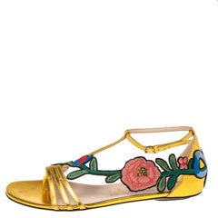 Gucci Gold Leather Ophelie Floral-Embroidered Flat Sandals Size 39.5