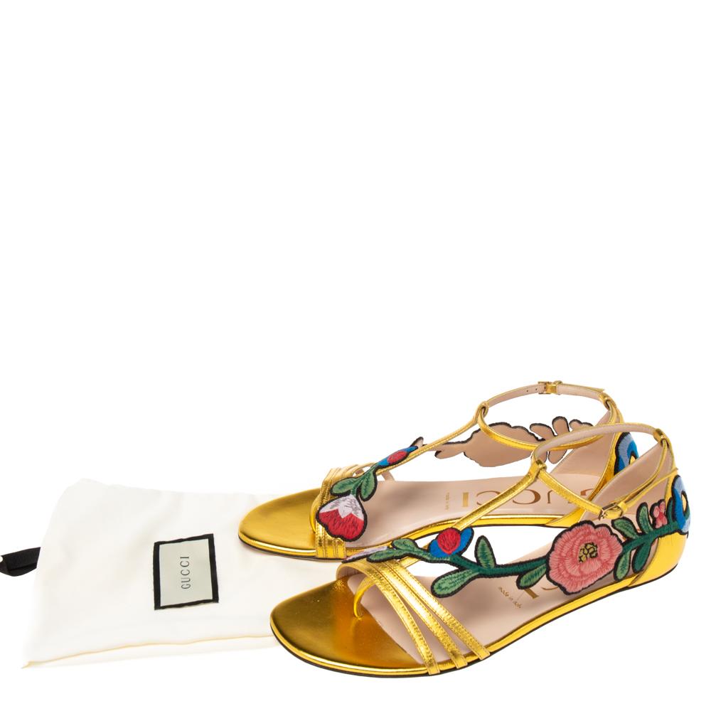 Gucci Gold Leather Ophelie Floral-Embroidered Flat Sandals Size 39.5 2