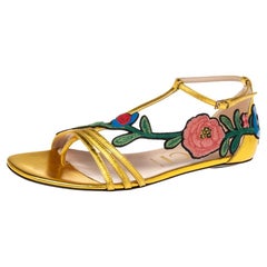 Gucci Gold Leather Ophelie Floral-Embroidered Flat Sandals Size 39.5