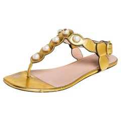 Gucci Gold Leather  Pearl T-Strap Sandals Size 36.5