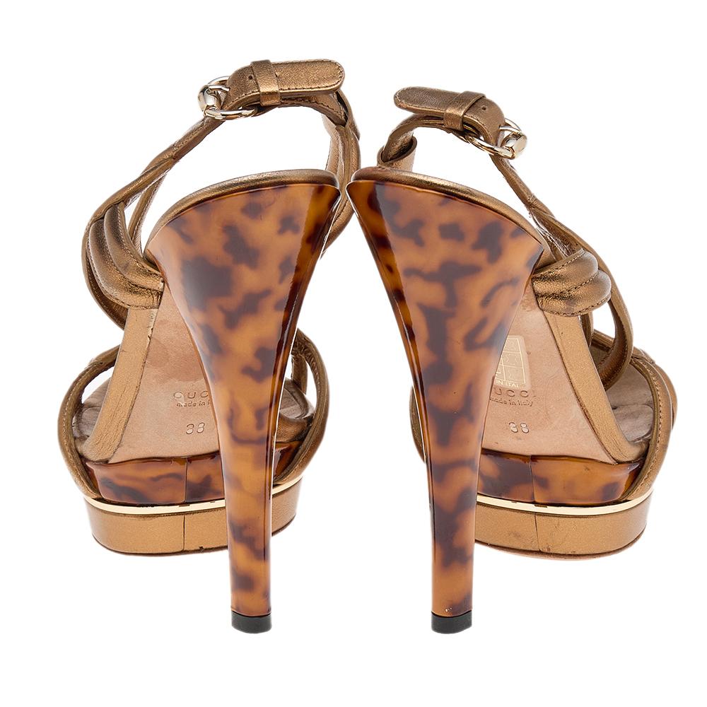 Brown Gucci Gold Leather Platform Ankle Strap Sandals Size 38 For Sale