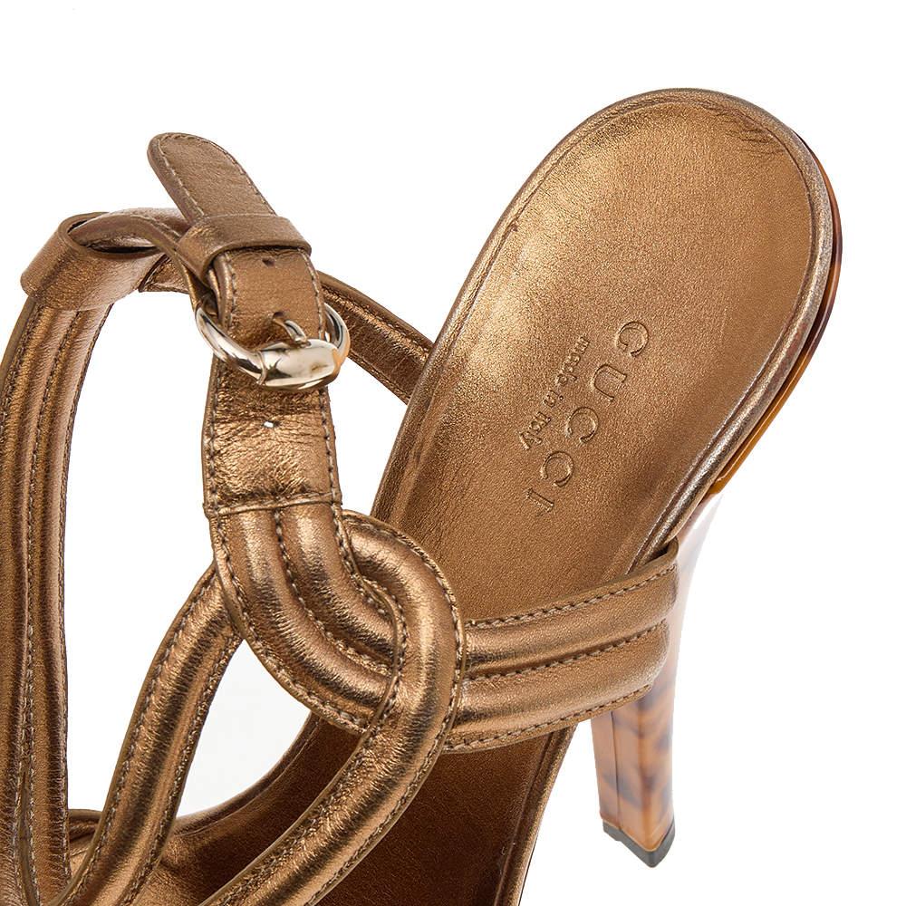 Gucci Gold Leather Platform Ankle Strap Sandals Size 38 For Sale 2