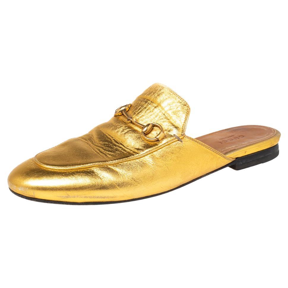 Gucci Gold Leather Princetown Mules Size 40