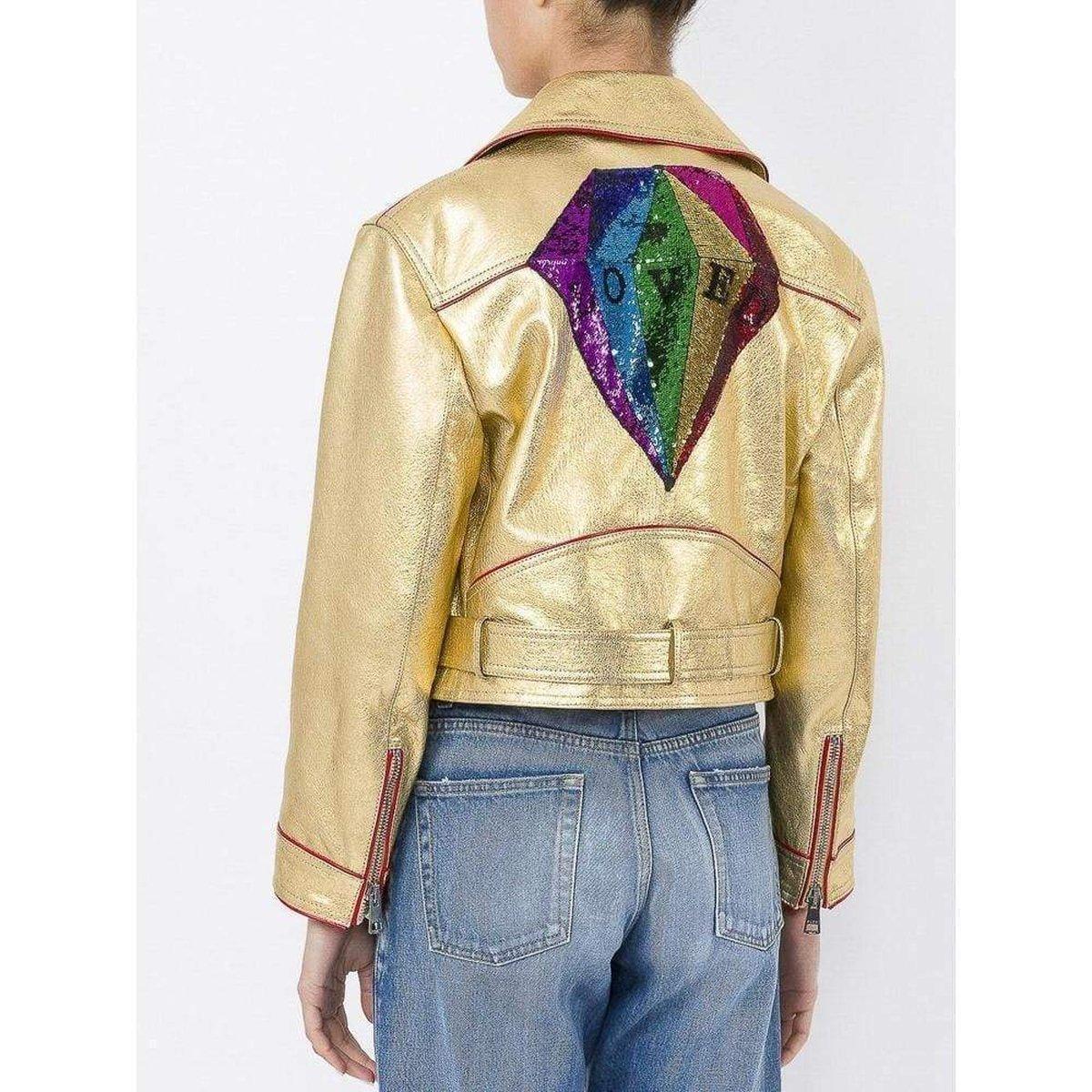 Gucci Goldene kurze Biker-Jacke aus Leder Größe IT40 im Angebot 1