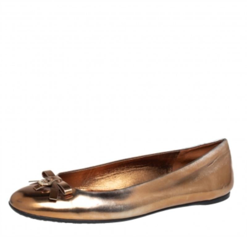 Brown Gucci Gold Leather Slip on Bow Ballet Flats Size 39 For Sale
