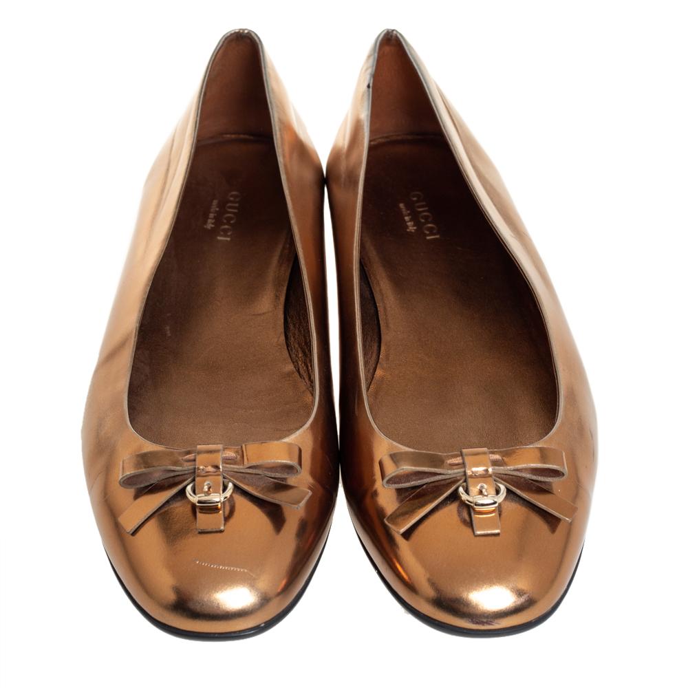 Brown Gucci Gold Leather Slip on Bow Ballet Flats Size 39