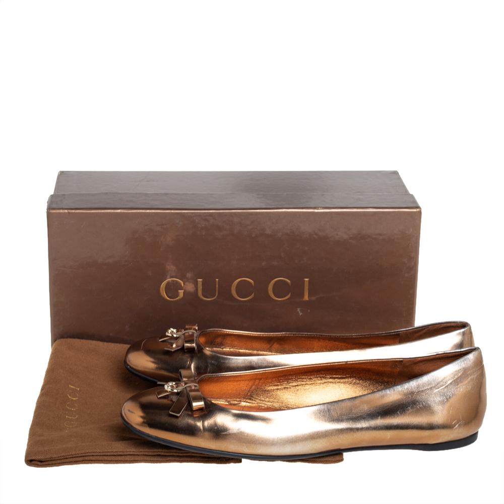 Women's Gucci Gold Leather Slip on Bow Ballet Flats Size 39