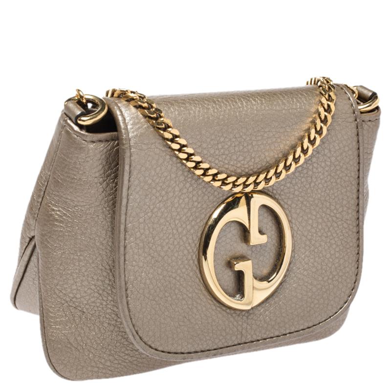 Brown Gucci Gold Leather Small 1973 Chain Crossbody Bag