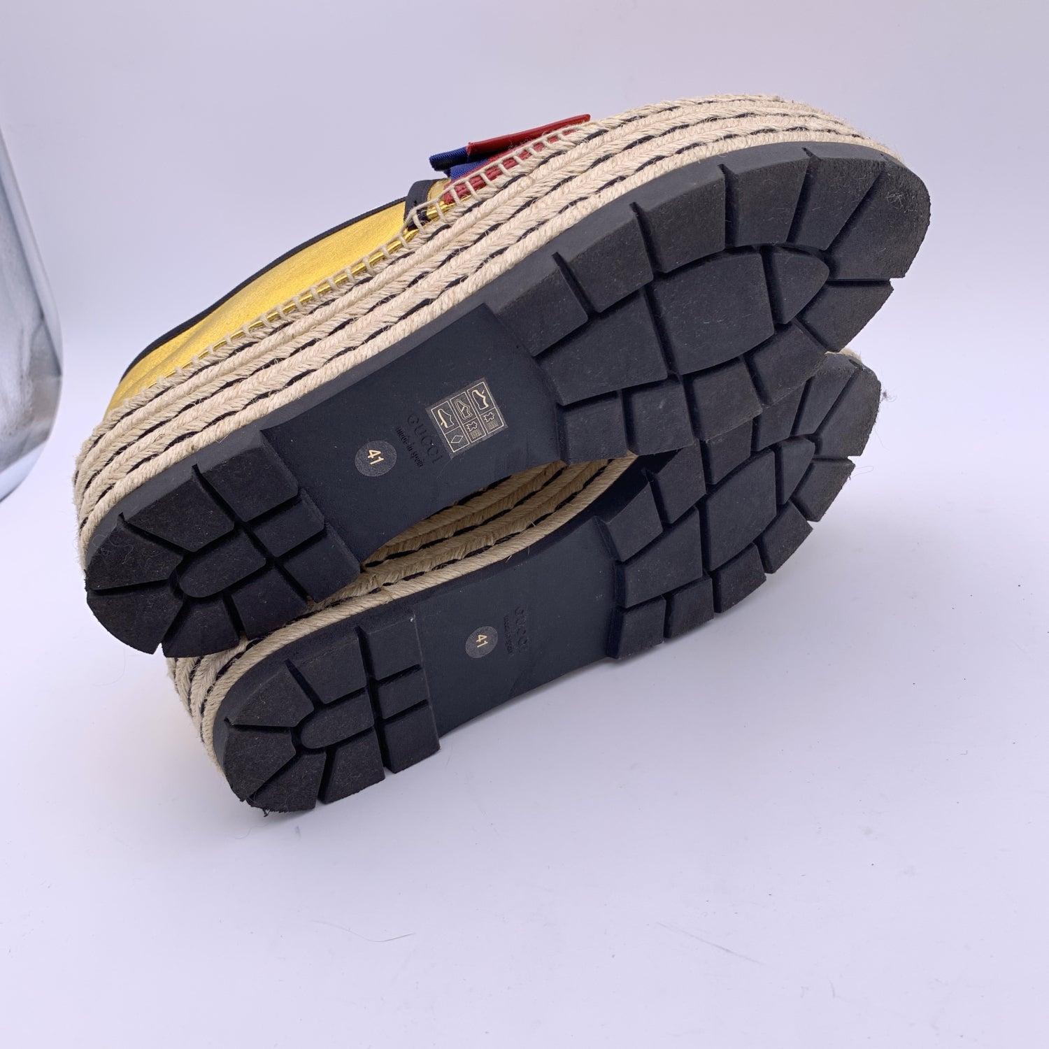 Gucci Gold Leather Sylvie Web Bow Espadrilles Platform Shoes Size 41 For Sale 1