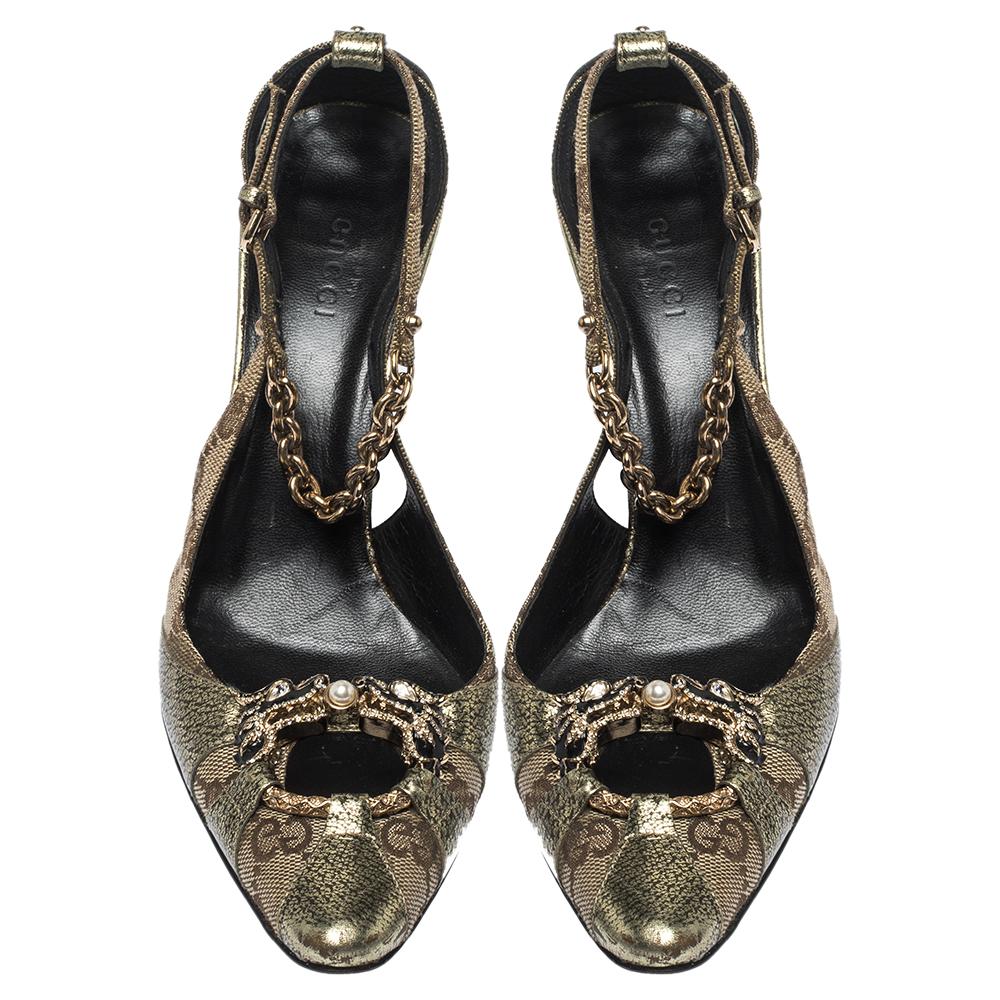 Black Gucci Gold Leather Tom Ford Dragon Embellished Ankle Strap Pumps Size 37