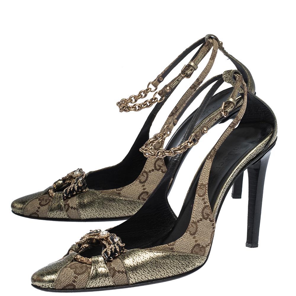Women's Gucci Gold Leather Tom Ford Dragon Embellished Ankle Strap Pumps Size 37