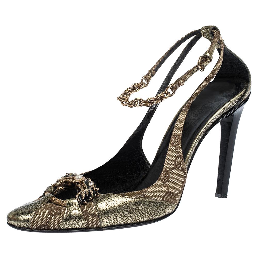 Gucci Gold Leather Tom Ford Dragon Embellished Ankle Strap Pumps Size 37