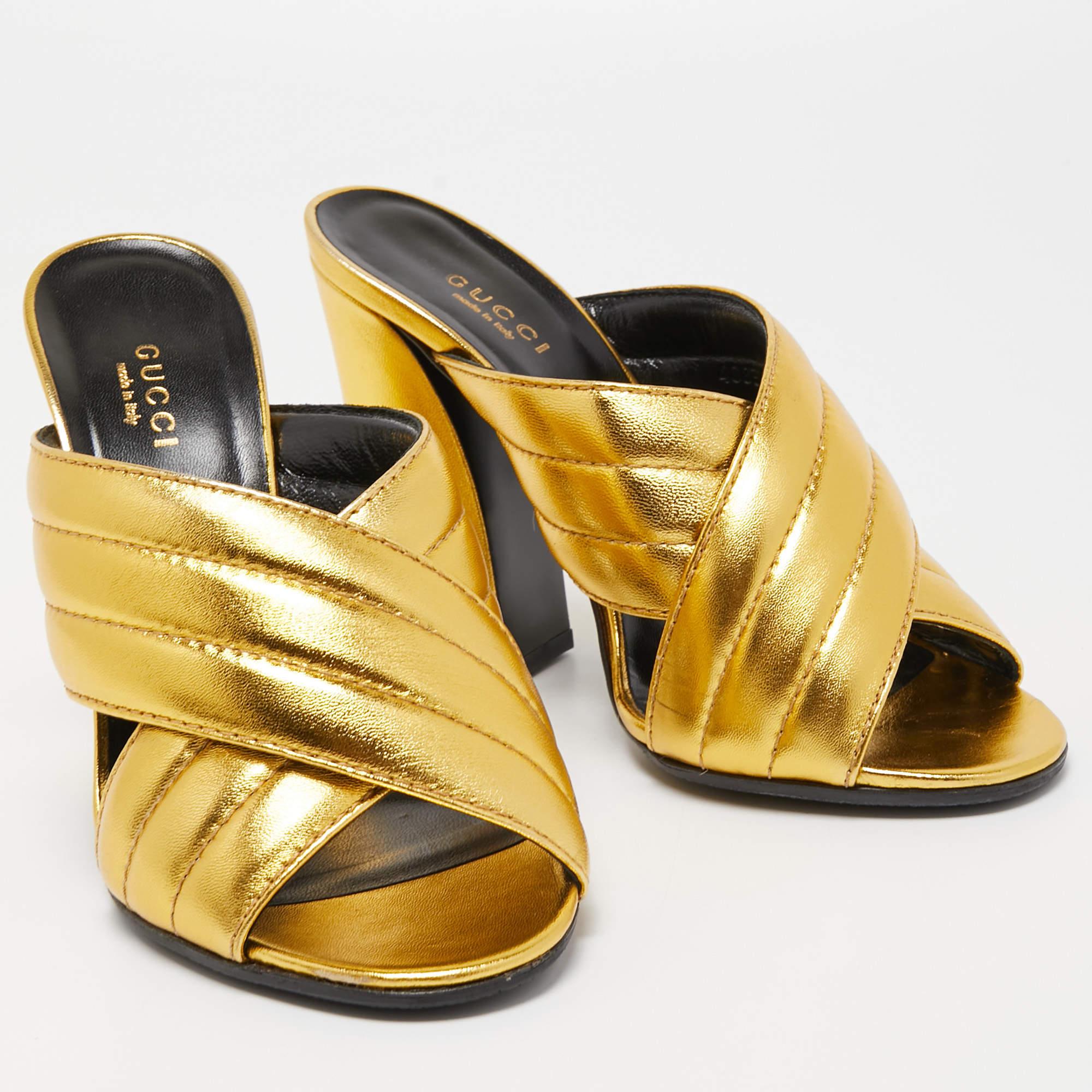 Women's Gucci Gold Leather Webby Cross Strap Slide Sandals Size 37.5