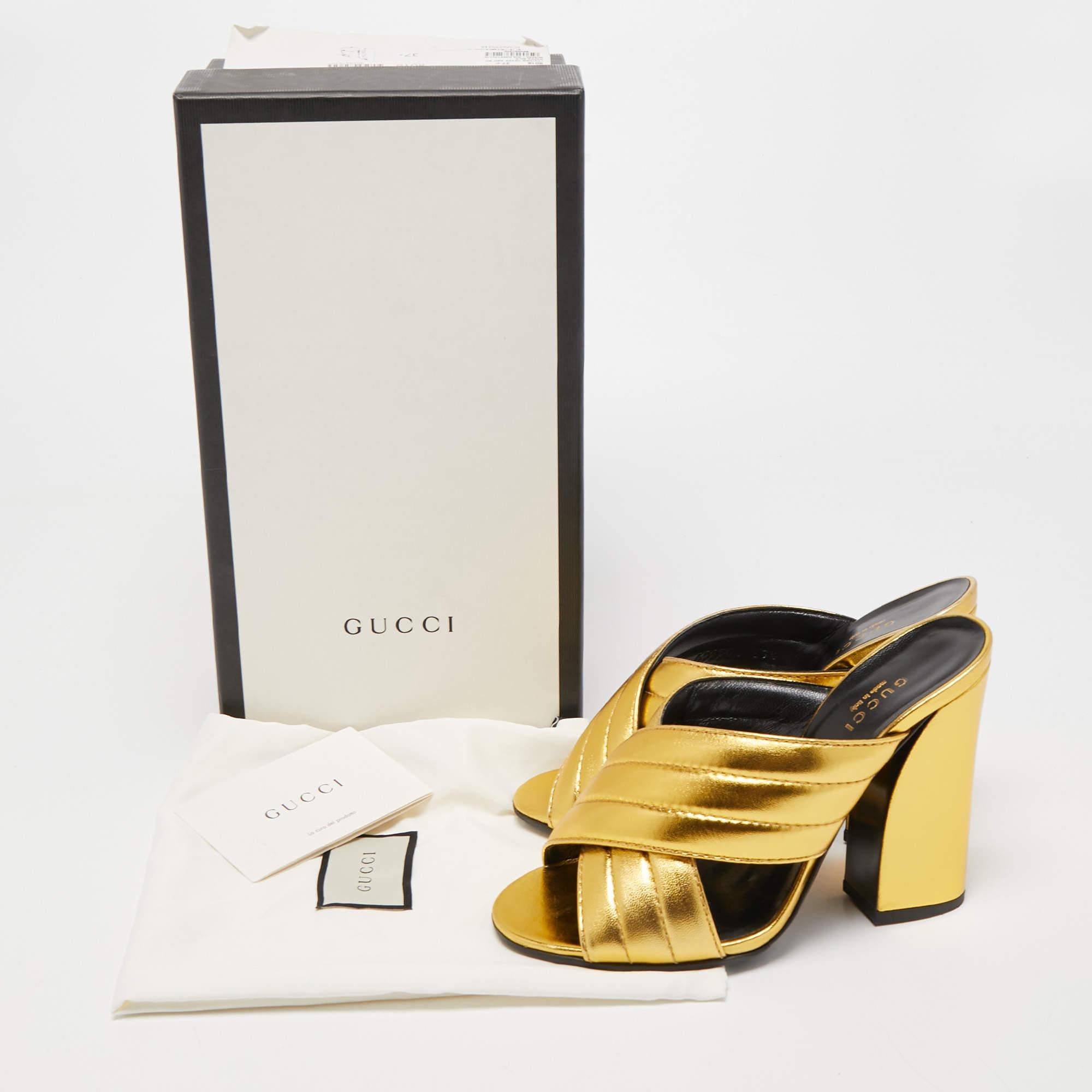 Gucci Gold Leather Webby Cross Strap Slide Sandals Size 37.5 5