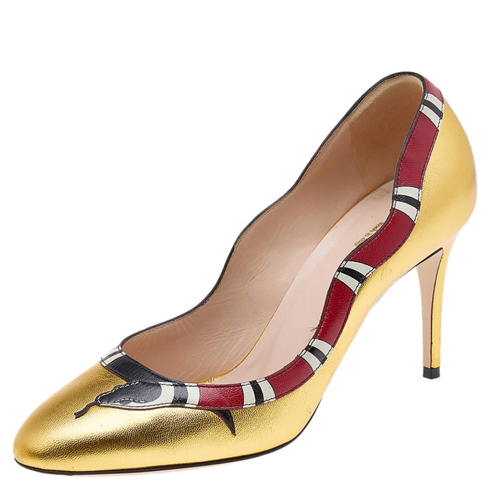 Gucci Gold Leather Yoko Snake High Heel Pumps Size 37.5 For Sale 1