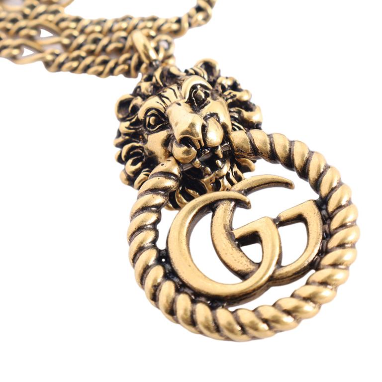 Gucci Gold Lion Head Double G Pendant Necklace 2