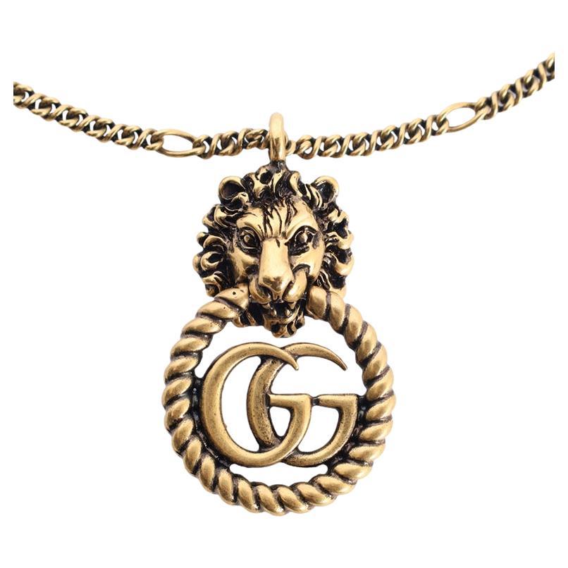 Gucci Gold Lion Head Double G Pendant Necklace
