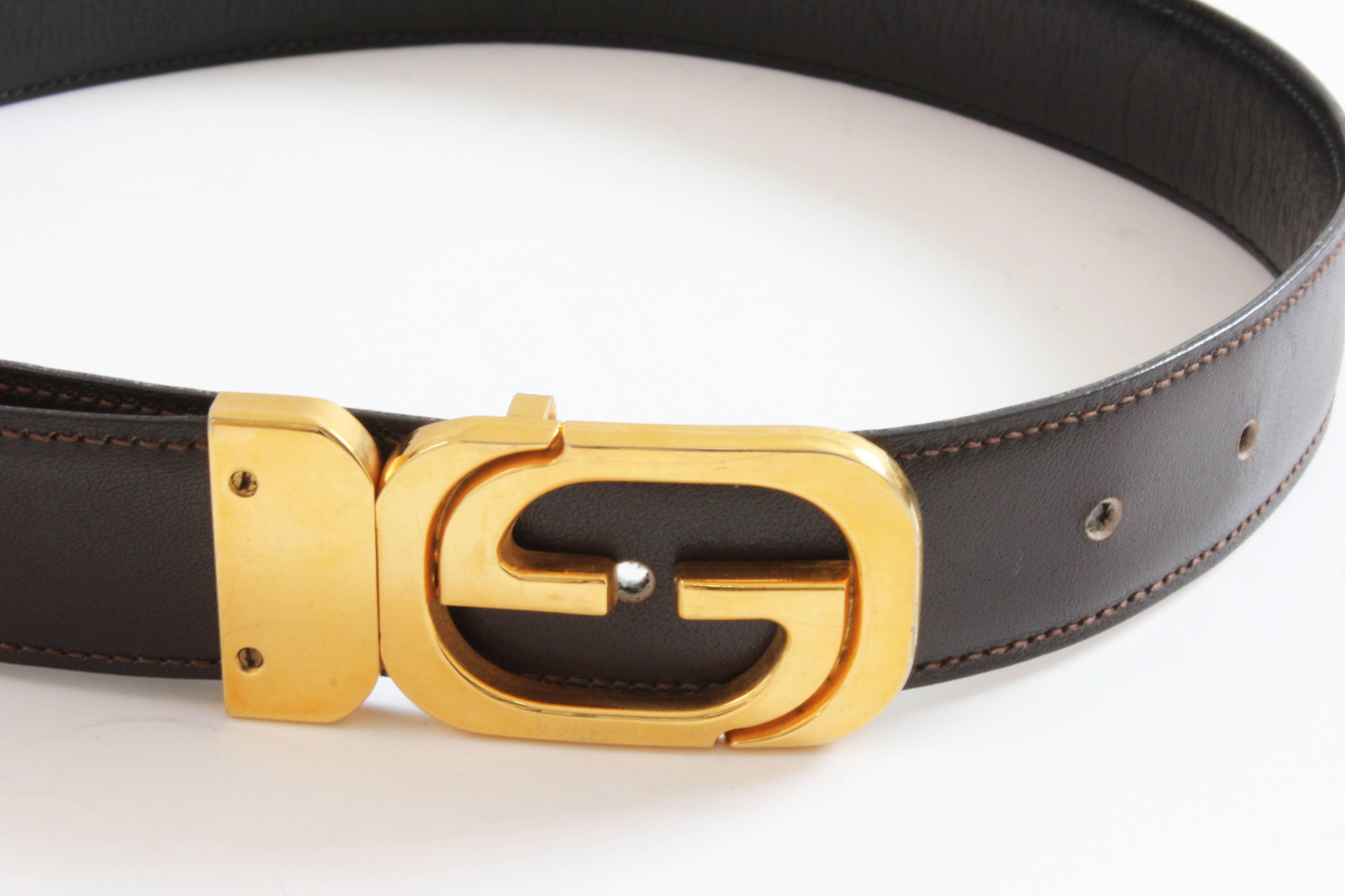 Gucci Gold Logo Belt Reversible Leather Belt Strap Brown Black 24in - 28in In Good Condition In Port Saint Lucie, FL