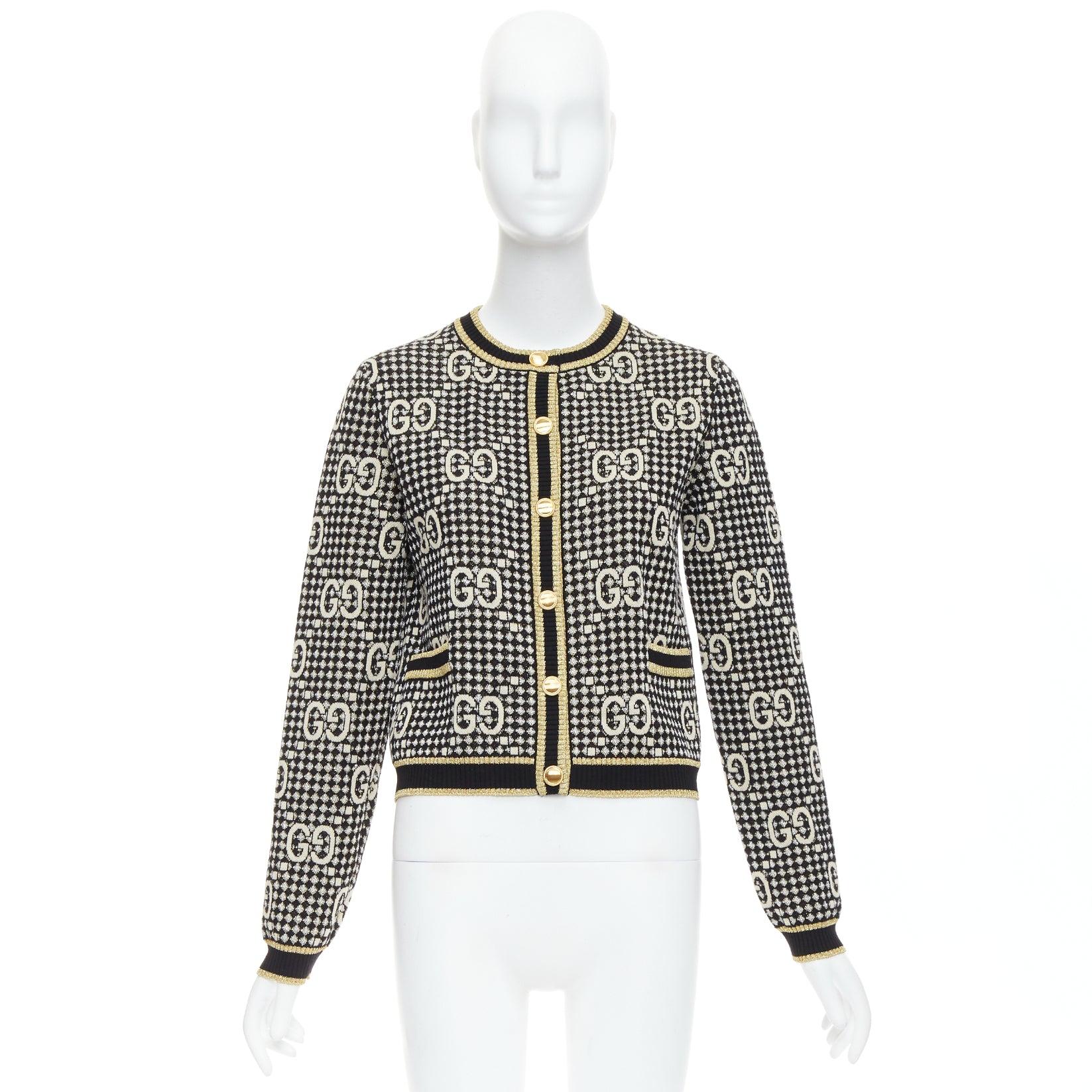 GUCCI gold lurex wool blend monogram jacquard preppy cardigan S For Sale 6